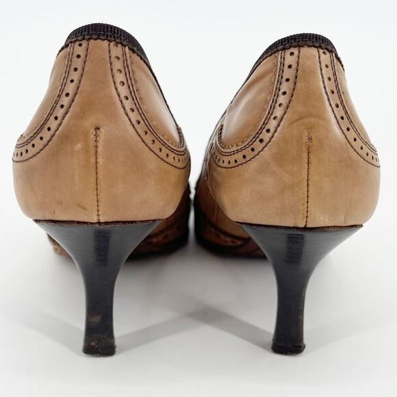 Vintage Prada Brown Leather Bow Trim Brogue Pointed Toe Mid Heel Pumps 36.5 - Picture 8 of 11